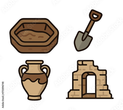 Ancient artifacts and tools set with pottery, shovel, and stone structure