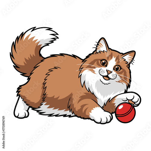 Playful Kitten and Red Ball: A cute, fluffy kitten with a playful demeanor is engrossed in its favorite pastime, joyfully batting at a bright red ball.