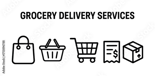 Icon set representing grocery delivery services with shopping bag, basket, cart, receipt, box