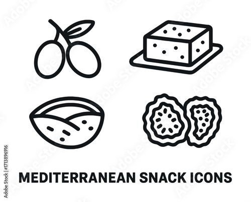 Mediterranean snack icons: olives, cheese, pita, falafel - simple line art
