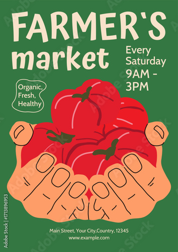 Flat vector illustration of a farmer's market poster with vibrant fresh vegetables. Cover, brochure, background, flyer for fairs, local products, grocery stores. Space for text. Green and red color