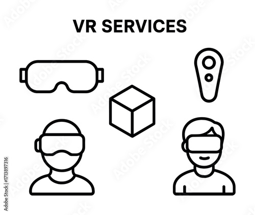 Vr services: line art of headsets, controllers, and users