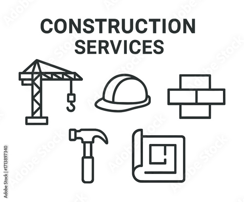 Outline icons of construction equipment and tools including crane and hard hat