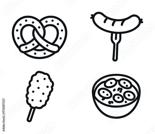 Outline drawing of pretzel, sausage on fork, corndog, and bowl of noodles