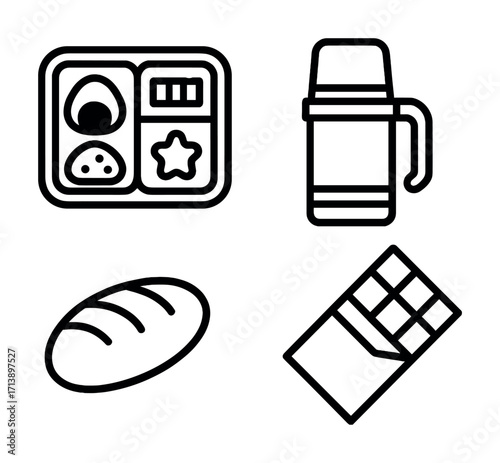Lunchbox with thermos and snacks icon set outline style