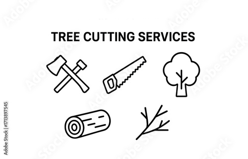 Tree cutting services: axe, saw, tree, log, branch icons for forestry and woodwork