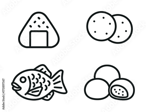 Simple black and white icons of onigiri, biscuits, fish, and mochi