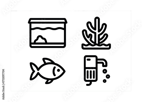 Set of black line aquarium icons: fish, tank, coral, filter illustrations