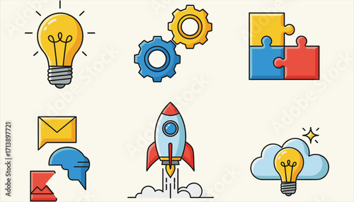 Startup concept illustration, lightbulb idea, rocket launch, teamwork puzzle, message communication, cloud creativity, business planning, gears, strategy development