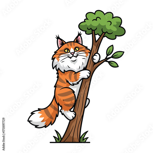 Playful feline ascends: A cheerful cat with striking orange and white stripes clambers up a tree. the image portrays the joy of adventure and climbing.