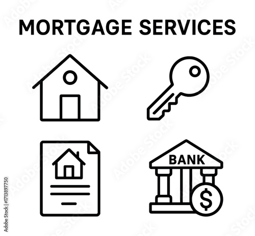Mortgage services icons: house, key, document, bank building