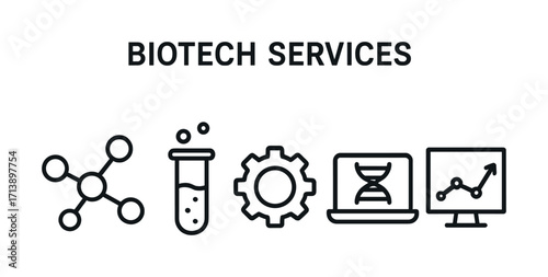 Simplified icons representing biotech services and scientific innovation