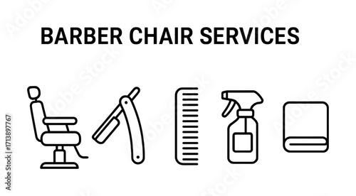 Barber chair services icons: chair, razor, comb, spray bottle, towel illustrations