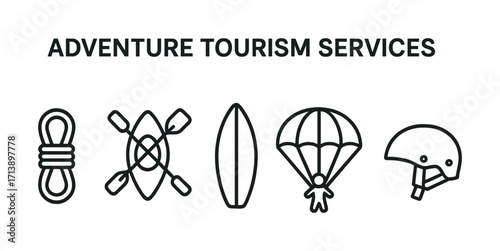 Adventure tourism services icons: parachute, kayak, surfboard, rope, helmet