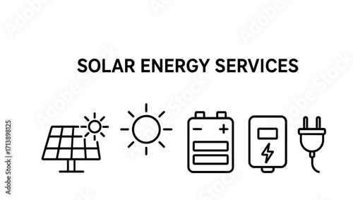 Solar energy services with icons of panels, sun, battery, inverter, and plug