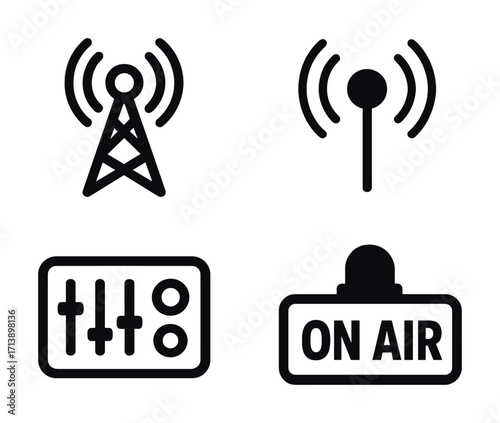 Broadcasting icons set featuring antenna, control panel, and on air sign