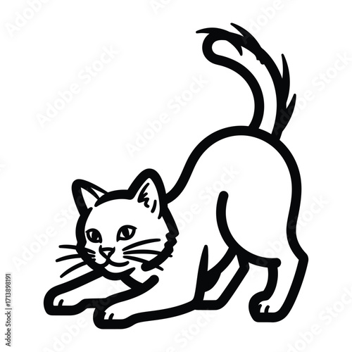 Cat Stretching: A graceful, cartoon cat stretches, arching its back in a dynamic pose, captured with playful detail.