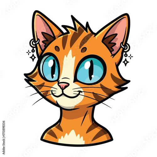 Adorable Cat Illustration: A charming cartoon cat with bright, sparkling blue eyes and unique earrings, rendered in a vibrant and playful illustration style.