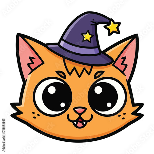 Magical Feline: A cheerful cat donning a wizard's hat, capturing a charming cartoon illustration with a whimsical aesthetic.
