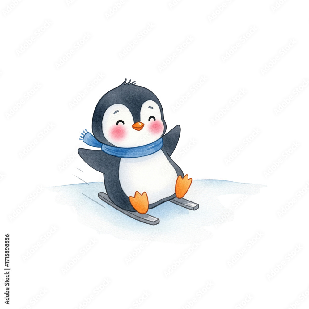 Obraz premium Cute and funny penguin on the snow with ice skates and a snowman, celebrating a happy winter holiday