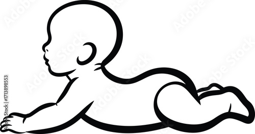 A cute black and white outline illustration of a baby lying on its tummy, an adorable symbol of infancy, growth, and tummy time.