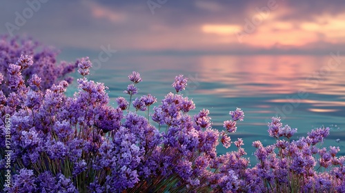Purple flowers by a tranquil ocean sunrise