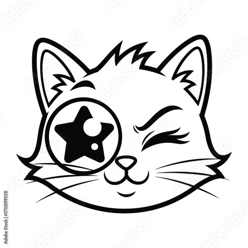 Whimsical Cat Portrait: Playful illustration of a cartoon cat, adorned with a unique star-shaped eye, exuding charm and a hint of mischief.