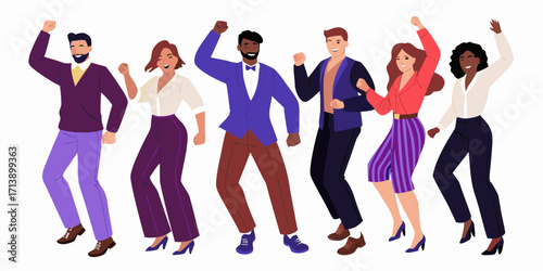 Diverse group of people dancing and celebrating with raised fists