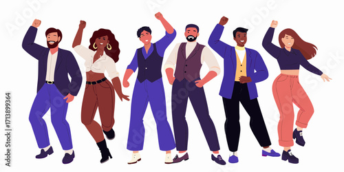 Diverse group of people in stylish outfits raising their fists in celebration