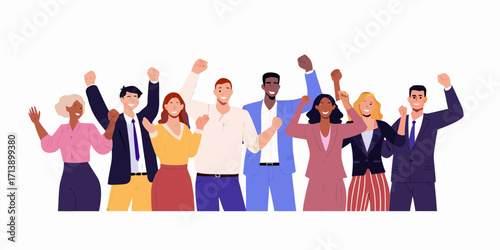 Diverse group of people raising fists in celebration