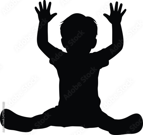 
An expressive black vector silhouette of a cheerful toddler with arms up, representing joy, playfulness, and innocent childhood moments.