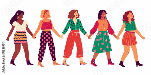 Diverse group of women holding hands and walking together