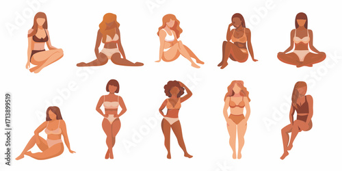 Diverse women in various poses wearing lingerie sitting