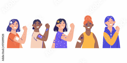 Diverse women showing vaccinated arms with bandages and smiles