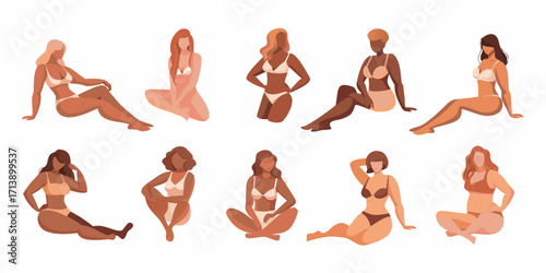 Diverse women in bikinis sitting on white background