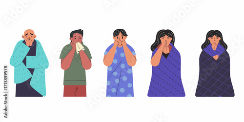 Five people feeling sick wrapped in blankets sickness