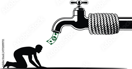 The black and white vector graphic of a man begging for money from a faucet, symbolizing economic inequality, poverty, and financial hardship.