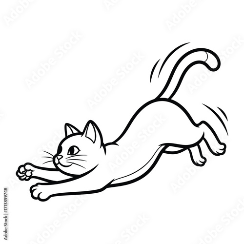 Playful Cat in Flight: A lively cartoon depiction of a sleek feline leaps through the air, ears perked, tail gracefully curved, showcasing its playful energy and joyful nature.