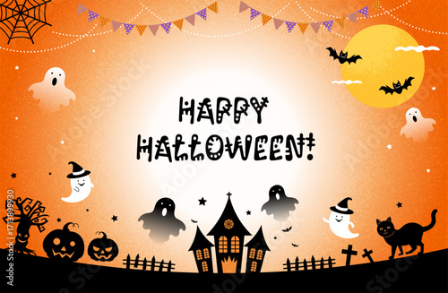 かわいいハロウィンのフレーム（ジャックオーランタン・おばけ・オレンジ背景）