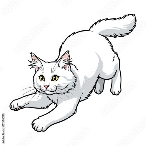 Playful Pounce: This lively illustration captures the essence of feline grace, with a long-haired cat in mid-pounce, ready to engage in a fun moment.