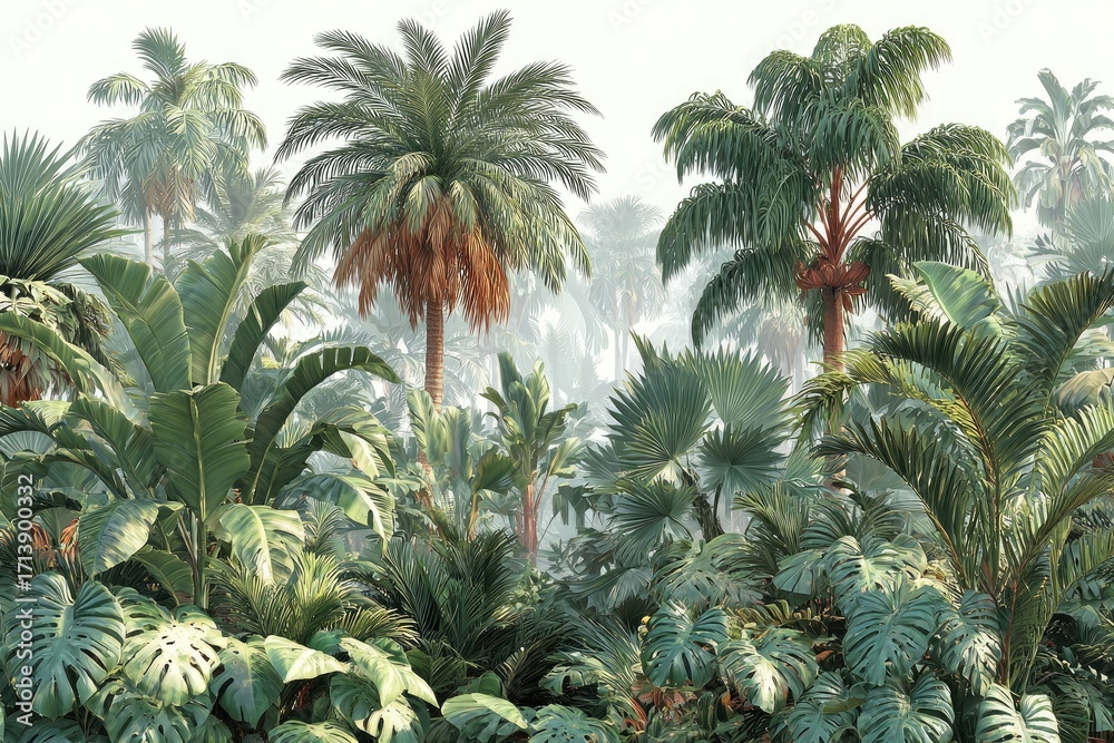 Fototapeta premium Lush tropical foliage, palm trees in misty sunlight
