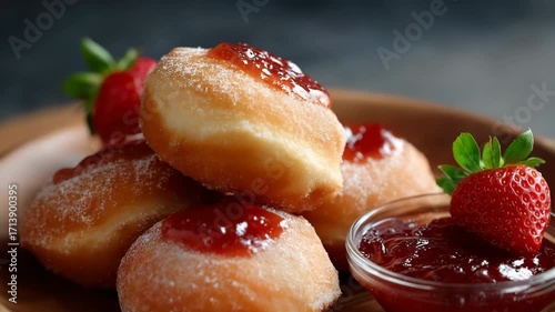 Delicious fresh strawberry-filled doughnuts on wooden plate with jam