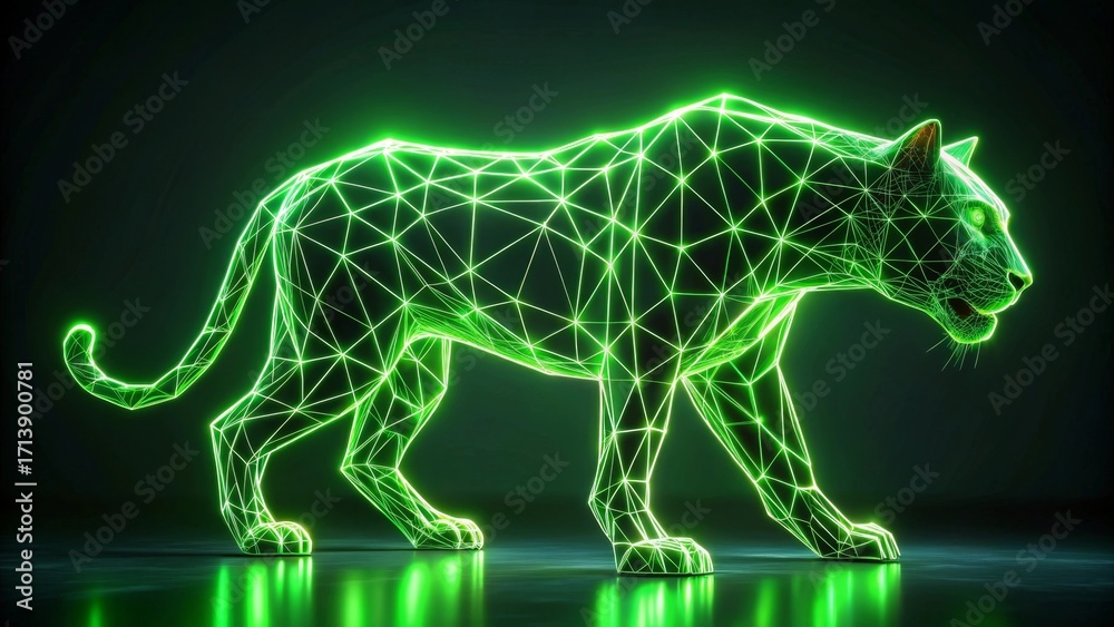 Fototapeta premium Glowing Green Wireframe Panther in Dark Setting A Digital Rendering of a Majestic Feline Silhouette