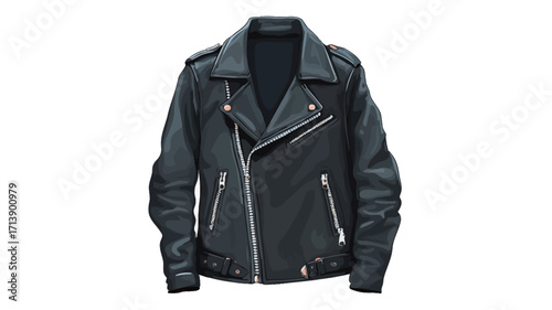 A full frontal studio shot of a black leather jacket isolated on a white background. The jacket is shown in detail and features a classic biker-style design with a notched lapel