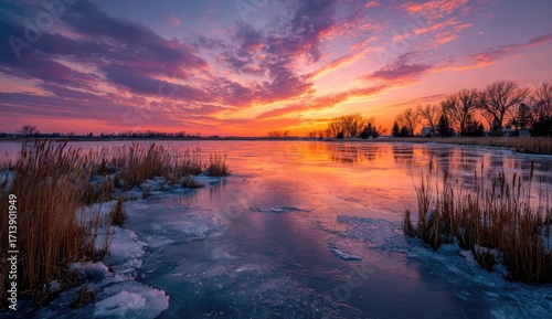 Frozen lake sunset, vibrant colors