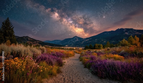Milky Way over a path through colorful wildflowers