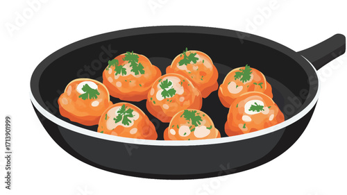 A digital illustration of eight round, orange-toned meatballs in a black, non-stick frying pan with a black handle. The meatballs appear to be pan-fried and are garnished with small green herbs.