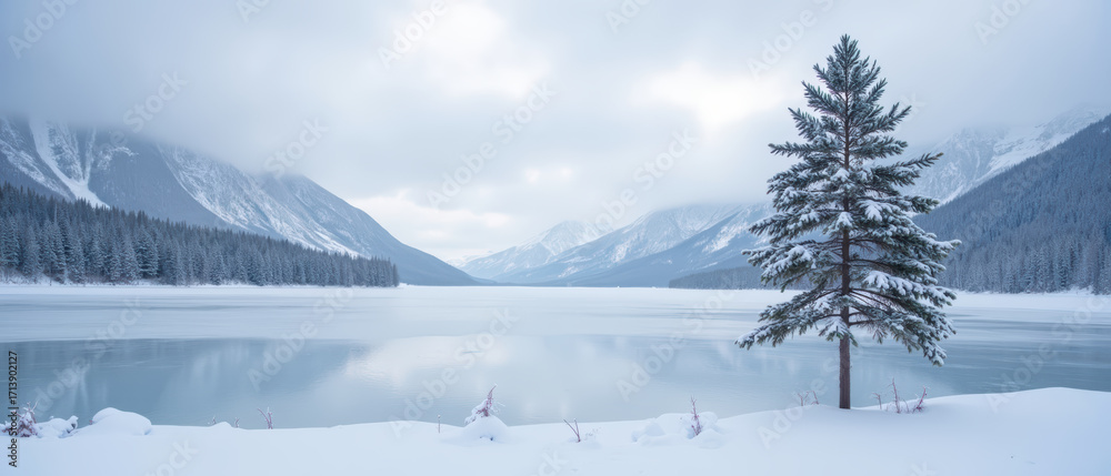 Obraz premium Serene winter landscape featuring tranquil lake surrounded by snow covered mountains and evergreen trees. scene evokes sense of calm and beauty