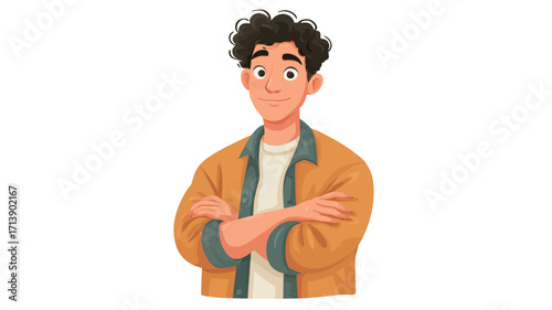 Digital illustration of a young man with dark, curly hair. He is depicted from the chest up, with his arms crossed across his chest. He has a pleasant, smiling expression.