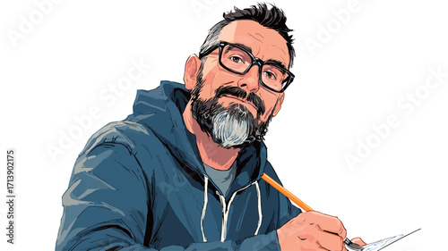 The image is a digital illustration or vector graphic depicting a close-up portrait of a middle-aged man with a beard and glasses. He is wearing a blue hoodie and is actively writing or drawing on